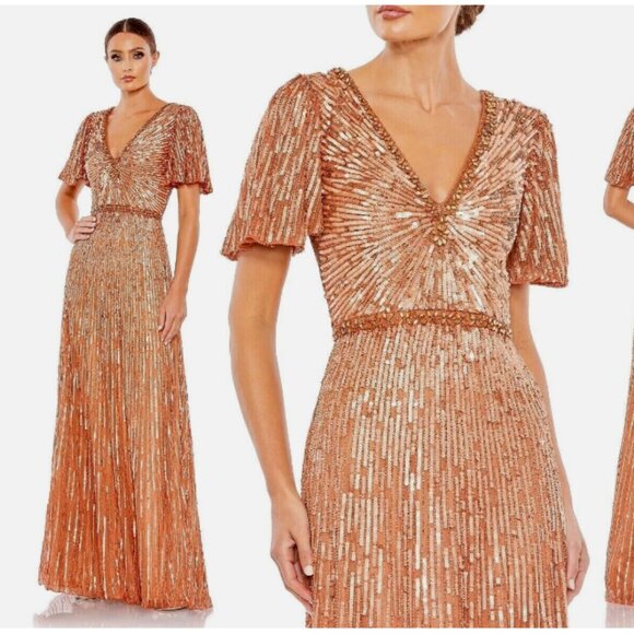 MAC DUGGAL 5538 EMBELLISHED V-NECK BUTTERFLY SLEEVE COLUMN COPPER GOWN sz 2 - Picture 1 of 4